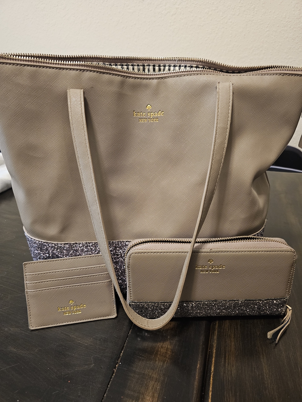 Kate Spade Taupe Glitter Trim Tote with Wallet & Cardholder